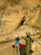 Scott Clarke nails the last hold the scary Nevin Rule, V7, at The Kindergarden