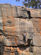 Unknown climber leading Lofty Odours, grade 21 on the Wall Of Fools.