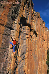 Julian Saunders on Daedalus (28), Taipan Wall, The Grampians, Victoria, Australia. Photos By Simon Carter.