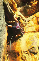 Jacqui on the FA of "Hell Bent" (21 M2) at Mt Fox in the Grampians.