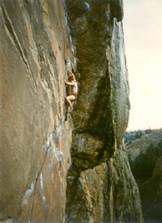 Kevin Lindorff leading something (probably Guesene, 22) on Redgarden Wall, Eldorado Springs canyon, Colorado in 1986.