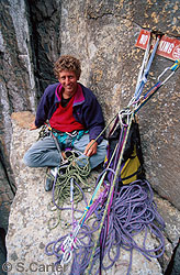 A very happy chappy... Simon Mentz on the summit ledge - relishing the satisfaction of a dream realized after the first free ascent of the Totem Pole.