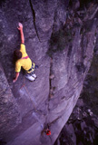 Kevin Lindorff on the FFA of a new grade 22 on the South Side of Mt Buffalo.