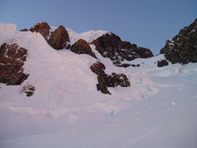 Looking up at the Linda Shelf and the Gunbarrel Ice Cliffs from high on the Linda Glacier