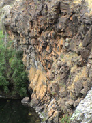 The overhanging rock where the routes are.