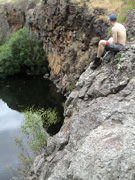 The overhanging rock where the routes are.