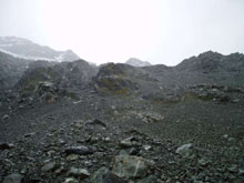 Top part of Boys Glacier during our walk out and our moraine rock surfing descent